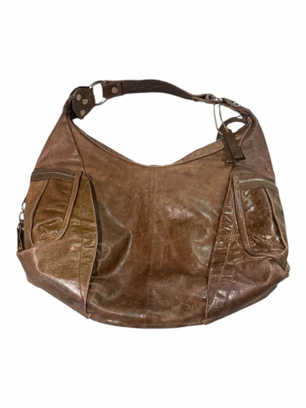 TANO Brown Distressed Leather Hobo Shoulder Bag Slouchy Multi Pocket